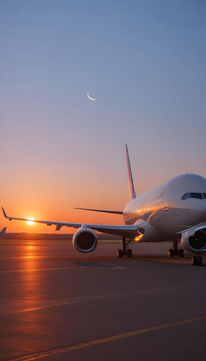 Minimal Soft Studio Light Photography A Commercial Passenger Jet On The Tarmac At Sunset With The Sun Setting In The Background And A Crescent Moon Visible In The Sky High Detail Solid Bold Color Background 7 1641