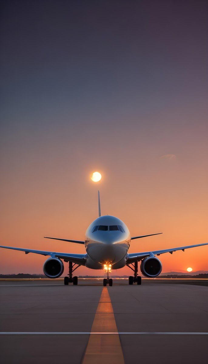 Minimal Soft Studio Light Photography A Commercial Passenger Jet On The Tarmac At Sunset With The Sun Setting In The Background And A Crescent Moon Visible In The Sky High Detail Solid Bold Color Background 9 Df63
