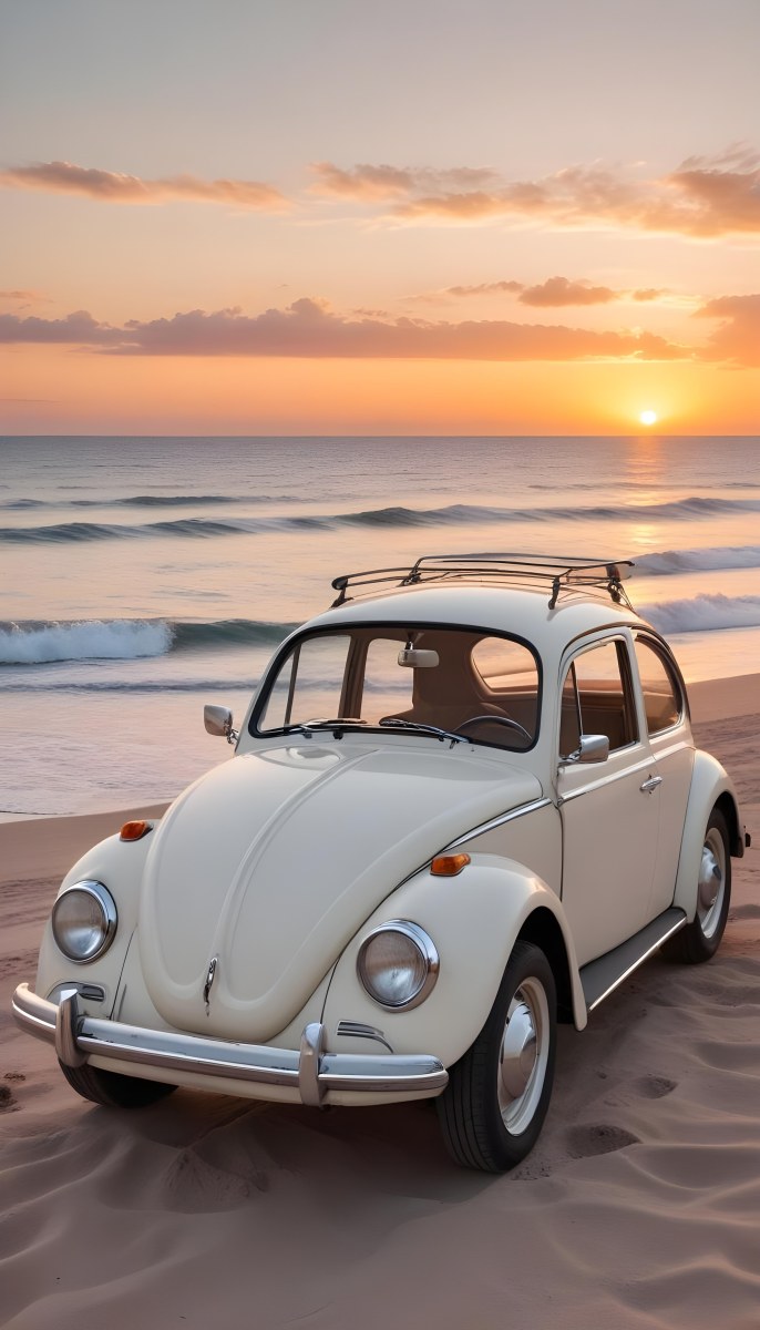 Minimal Soft Studio Light Photography A Vintage White Volkswagen Beetle Parked On A Beach At Sunset With The Ocean And A Colorful Sky In The Background High Detail Solid Bold Color Background 12 82d4