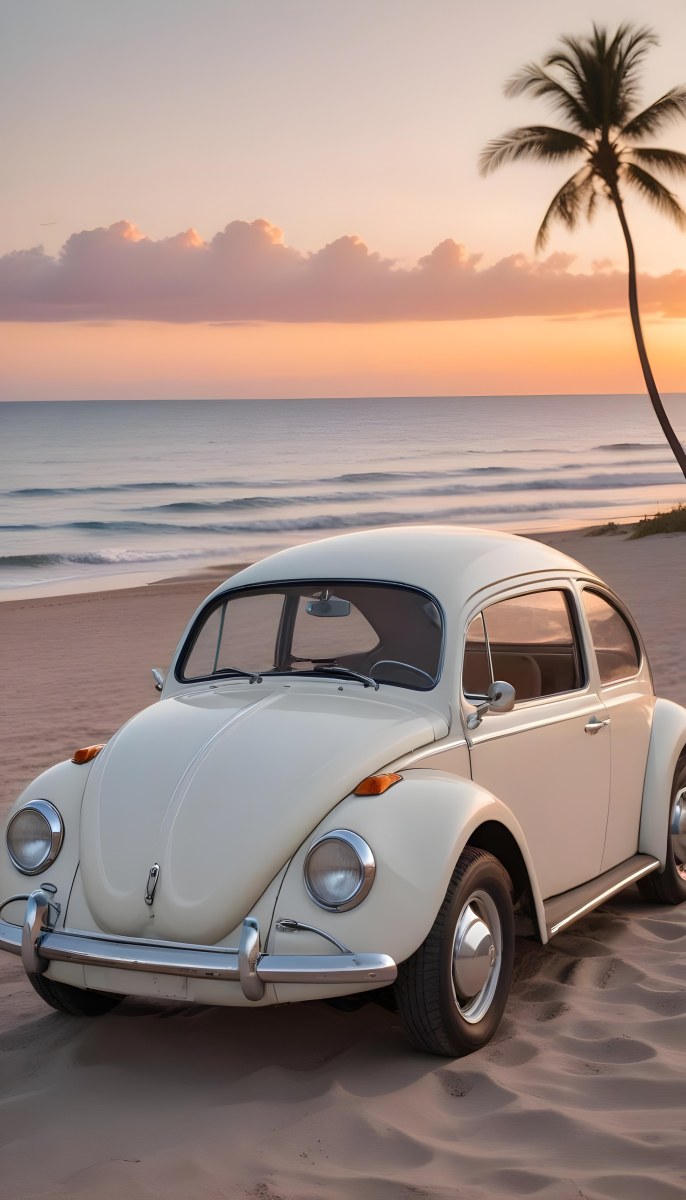 Minimal Soft Studio Light Photography A Vintage White Volkswagen Beetle Parked On A Beach At Sunset With The Ocean And A Colorful Sky In The Background High Detail Solid Bold Color Background 14 0d40