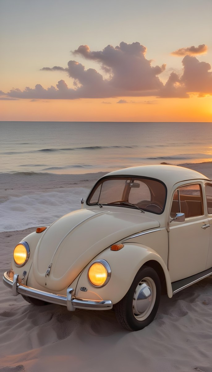 Minimal Soft Studio Light Photography A Vintage White Volkswagen Beetle Parked On A Beach At Sunset With The Ocean And A Colorful Sky In The Background High Detail Solid Bold Color Background 15 E97a