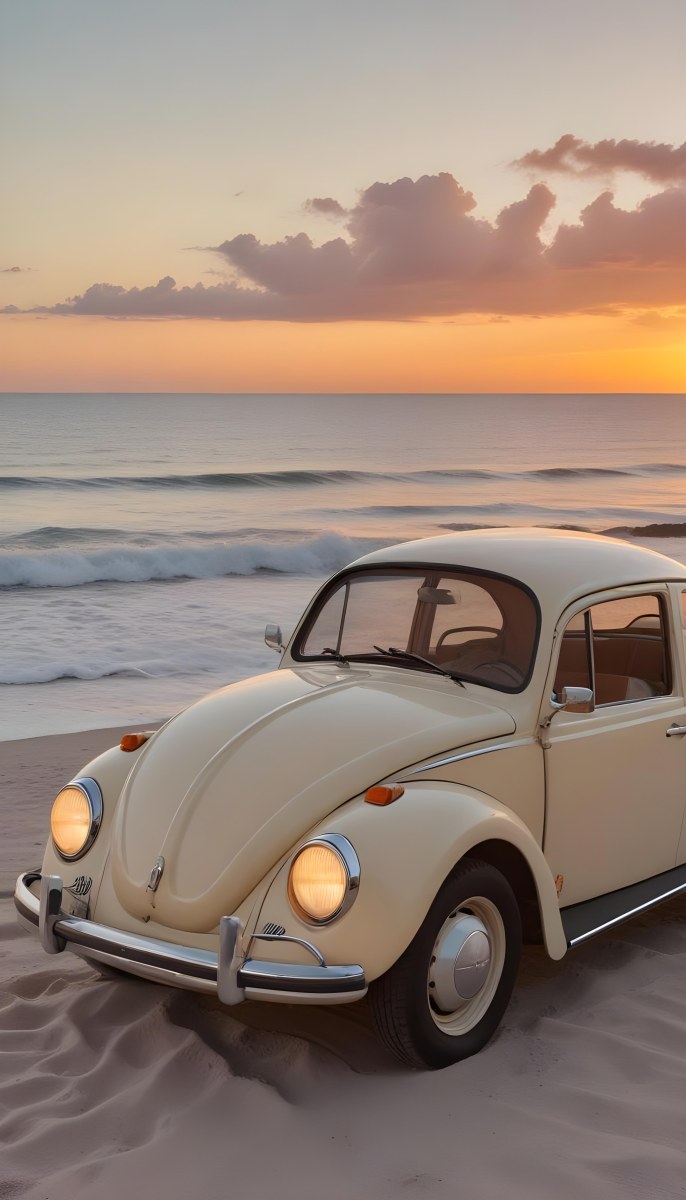 Minimal Soft Studio Light Photography A Vintage White Volkswagen Beetle Parked On A Beach At Sunset With The Ocean And A Colorful Sky In The Background High Detail Solid Bold Color Background 16 Ee7c