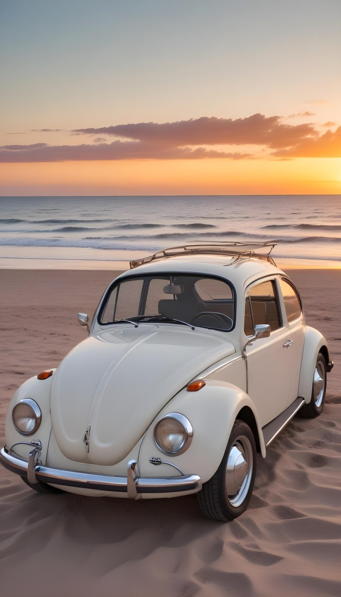 Minimal Soft Studio Light Photography A Vintage White Volkswagen Beetle Parked On A Beach At Sunset With The Ocean And A Colorful Sky In The Background High Detail Solid Bold Color Background 2 B819