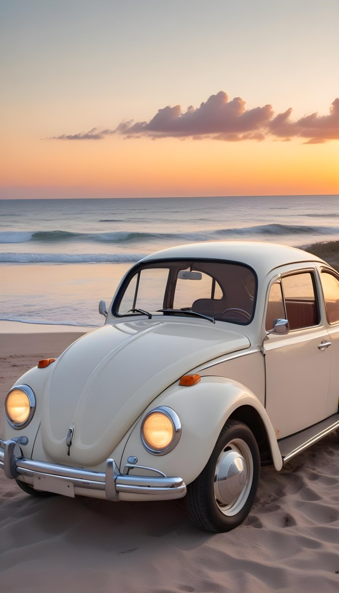 Minimal Soft Studio Light Photography A Vintage White Volkswagen Beetle Parked On A Beach At Sunset With The Ocean And A Colorful Sky In The Background High Detail Solid Bold Color Background 3 1b7d