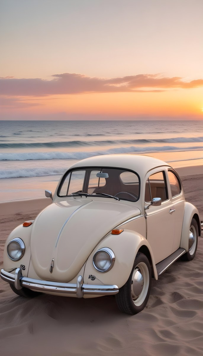 Minimal Soft Studio Light Photography A Vintage White Volkswagen Beetle Parked On A Beach At Sunset With The Ocean And A Colorful Sky In The Background High Detail Solid Bold Color Background 6 1812