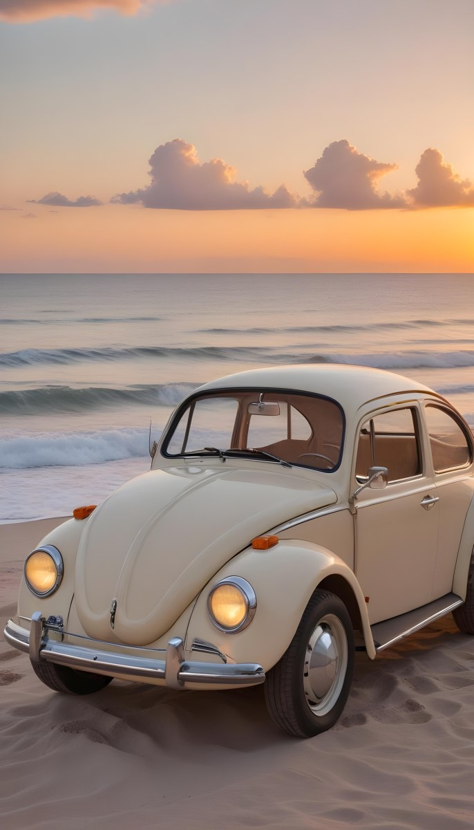 Minimal Soft Studio Light Photography A Vintage White Volkswagen Beetle Parked On A Beach At Sunset With The Ocean And A Colorful Sky In The Background High Detail Solid Bold Color Background 8 06cf