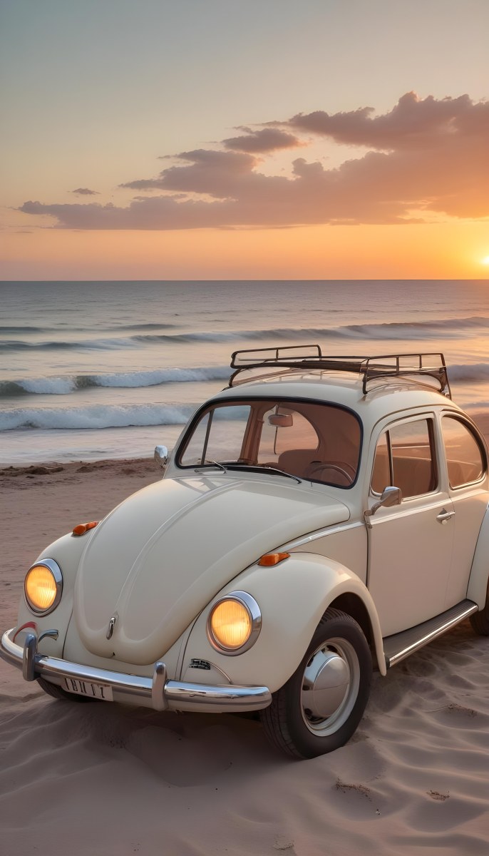 Minimal Soft Studio Light Photography A Vintage White Volkswagen Beetle Parked On A Beach At Sunset With The Ocean And A Colorful Sky In The Background High Detail Solid Bold Color Background 9 6f0f
