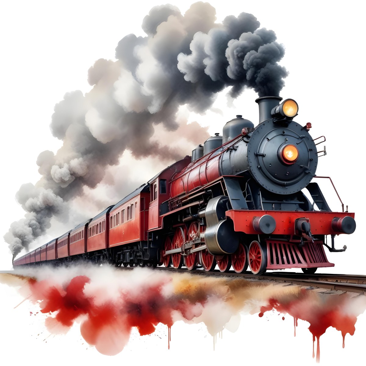 Oil Painting A Vintage Steam Train With Red Accents Billowing Smoke And Intricate Details Set Against A White Background With Watercolor Style Splashes Creative Extremely Detailed Brush Stroke 1 Bec9