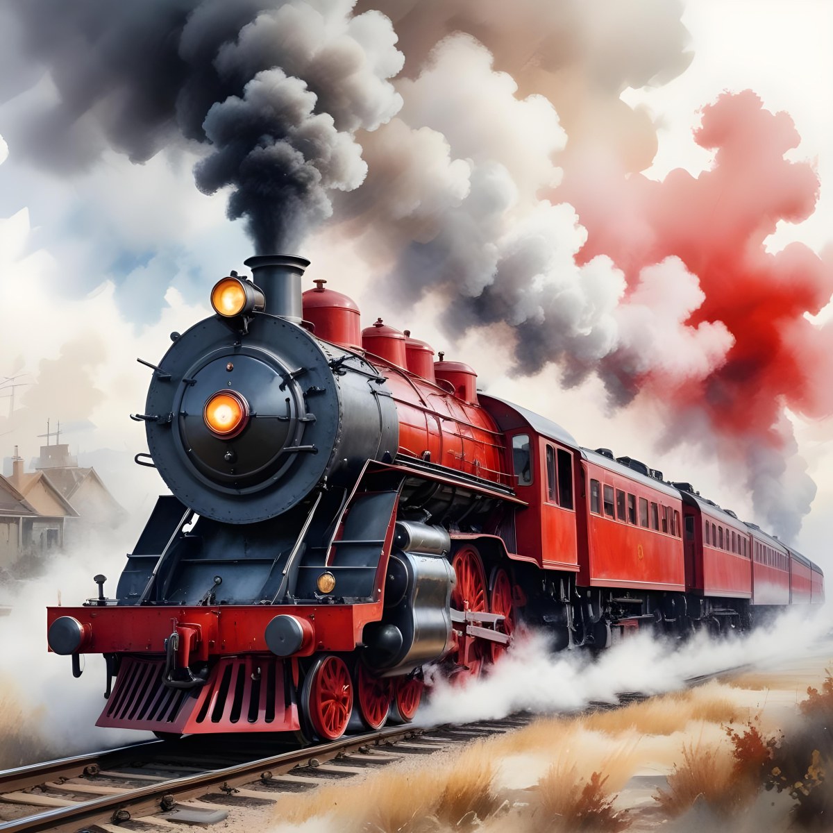 Oil Painting A Vintage Steam Train With Red Accents Billowing Smoke And Intricate Details Set Against A White Background With Watercolor Style Splashes Creative Extremely Detailed Brush Stroke 15 1c0f