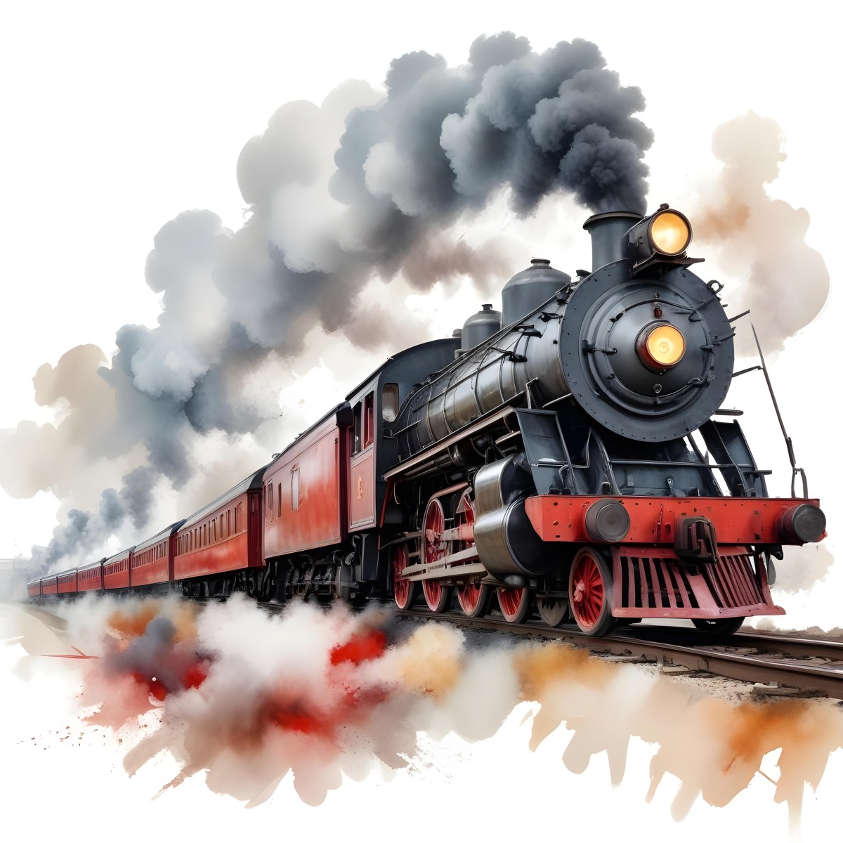 Oil Painting A Vintage Steam Train With Red Accents Billowing Smoke And Intricate Details Set Against A White Background With Watercolor Style Splashes Creative Extremely Detailed Brush Stroke 16 9cf0