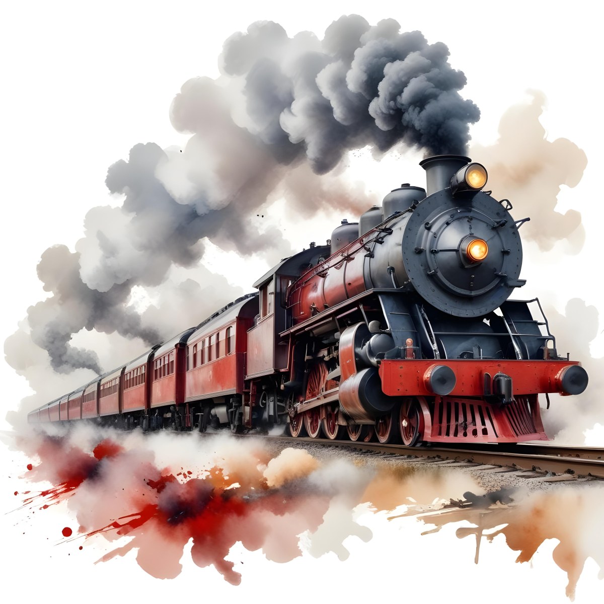 Oil Painting A Vintage Steam Train With Red Accents Billowing Smoke And Intricate Details Set Against A White Background With Watercolor Style Splashes Creative Extremely Detailed Brush Stroke 17 728e