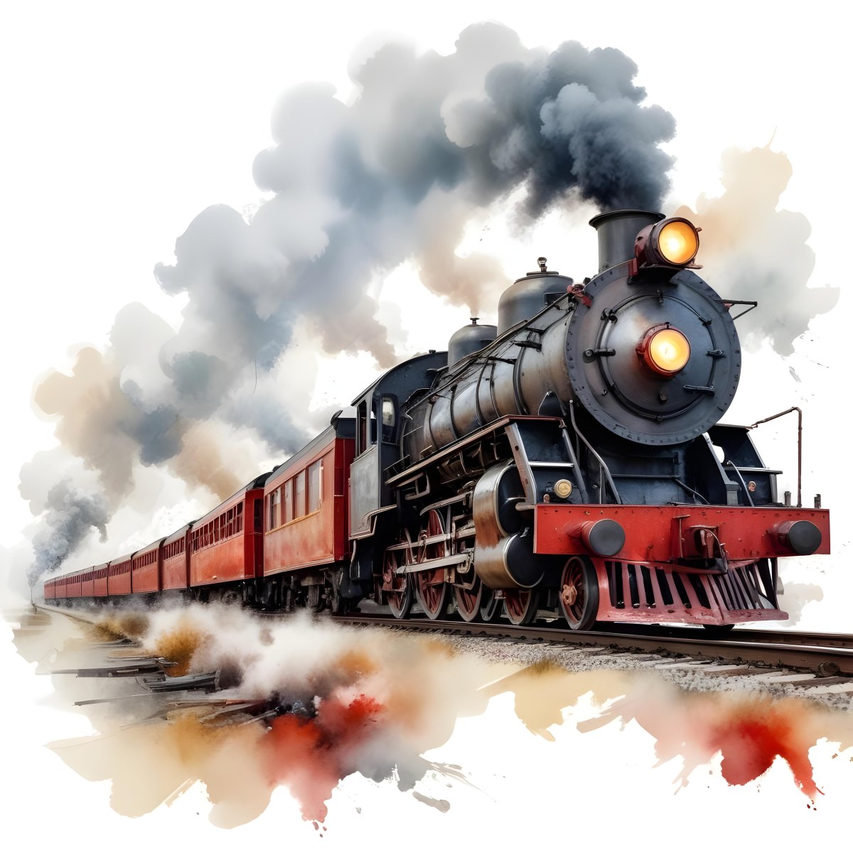 Oil Painting A Vintage Steam Train With Red Accents Billowing Smoke And Intricate Details Set Against A White Background With Watercolor Style Splashes Creative Extremely Detailed Brush Stroke 18 03cf
