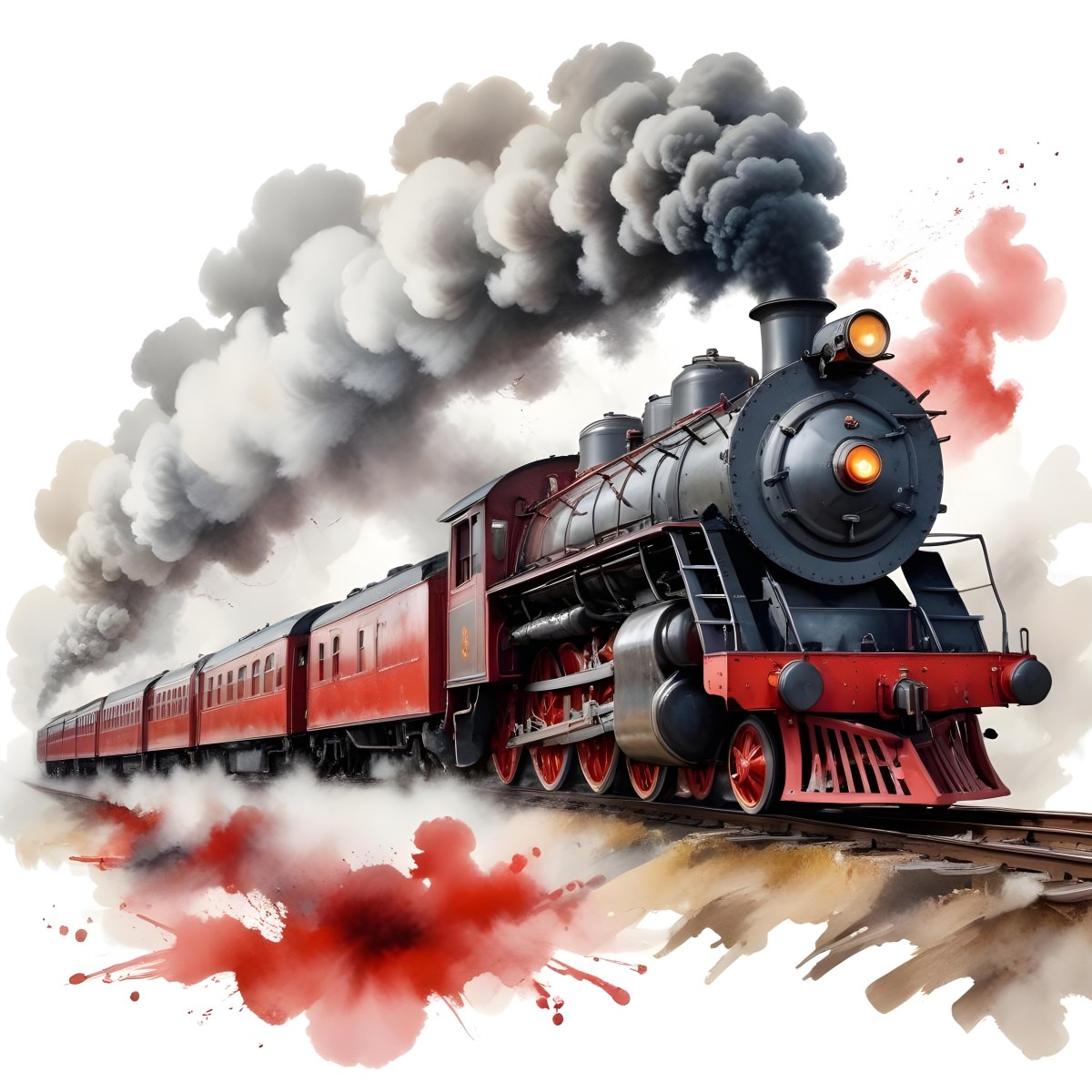 Oil Painting A Vintage Steam Train With Red Accents Billowing Smoke And Intricate Details Set Against A White Background With Watercolor Style Splashes Creative Extremely Detailed Brush Stroke 19 7356