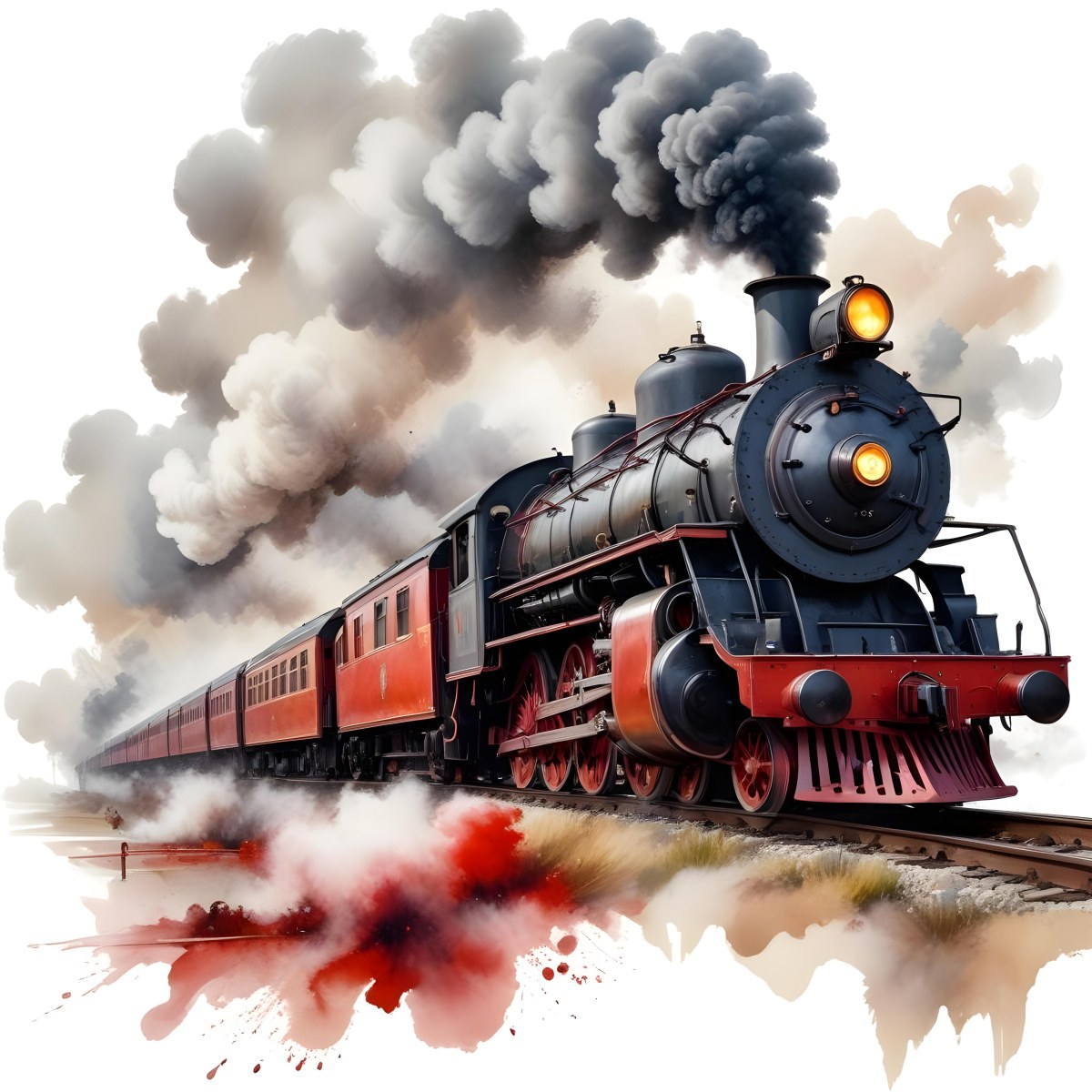 Oil Painting A Vintage Steam Train With Red Accents Billowing Smoke And Intricate Details Set Against A White Background With Watercolor Style Splashes Creative Extremely Detailed Brush Stroke 2 B7ff