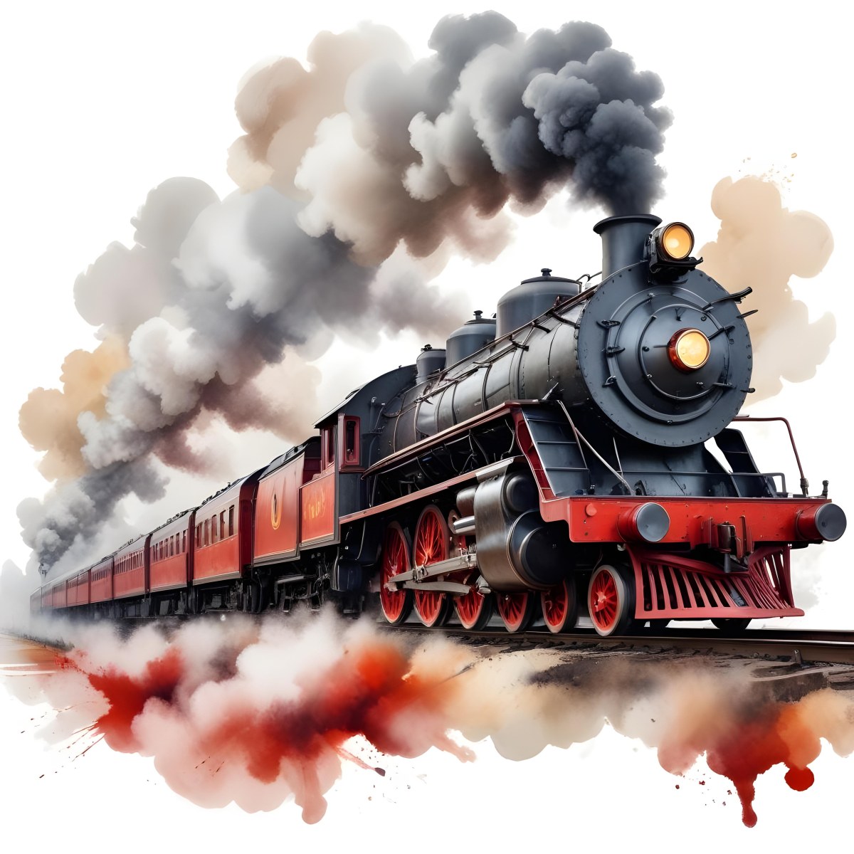 Oil Painting A Vintage Steam Train With Red Accents Billowing Smoke And Intricate Details Set Against A White Background With Watercolor Style Splashes Creative Extremely Detailed Brush Stroke 3 417c