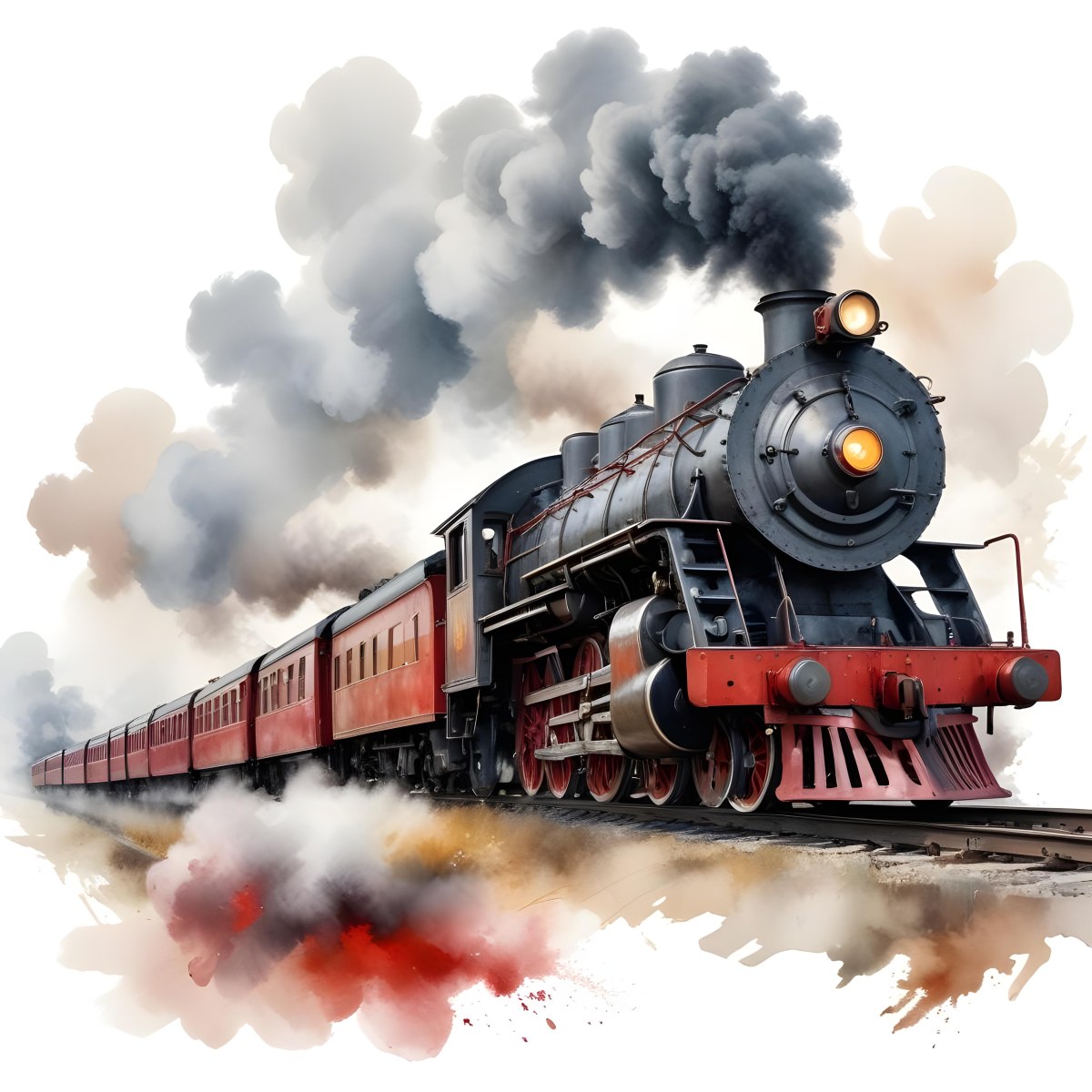 Oil Painting A Vintage Steam Train With Red Accents Billowing Smoke And Intricate Details Set Against A White Background With Watercolor Style Splashes Creative Extremely Detailed Brush Stroke 4 88c9