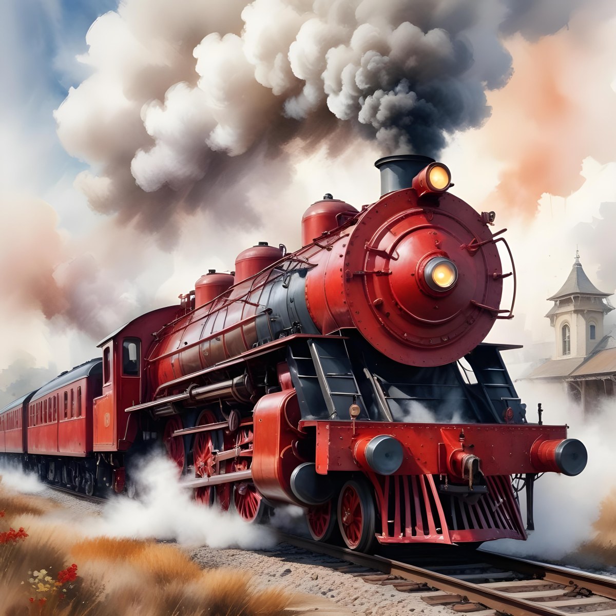 Oil Painting A Vintage Steam Train With Red Accents Billowing Smoke And Intricate Details Set Against A White Background With Watercolor Style Splashes Creative Extremely Detailed Brush Stroke 5 7819