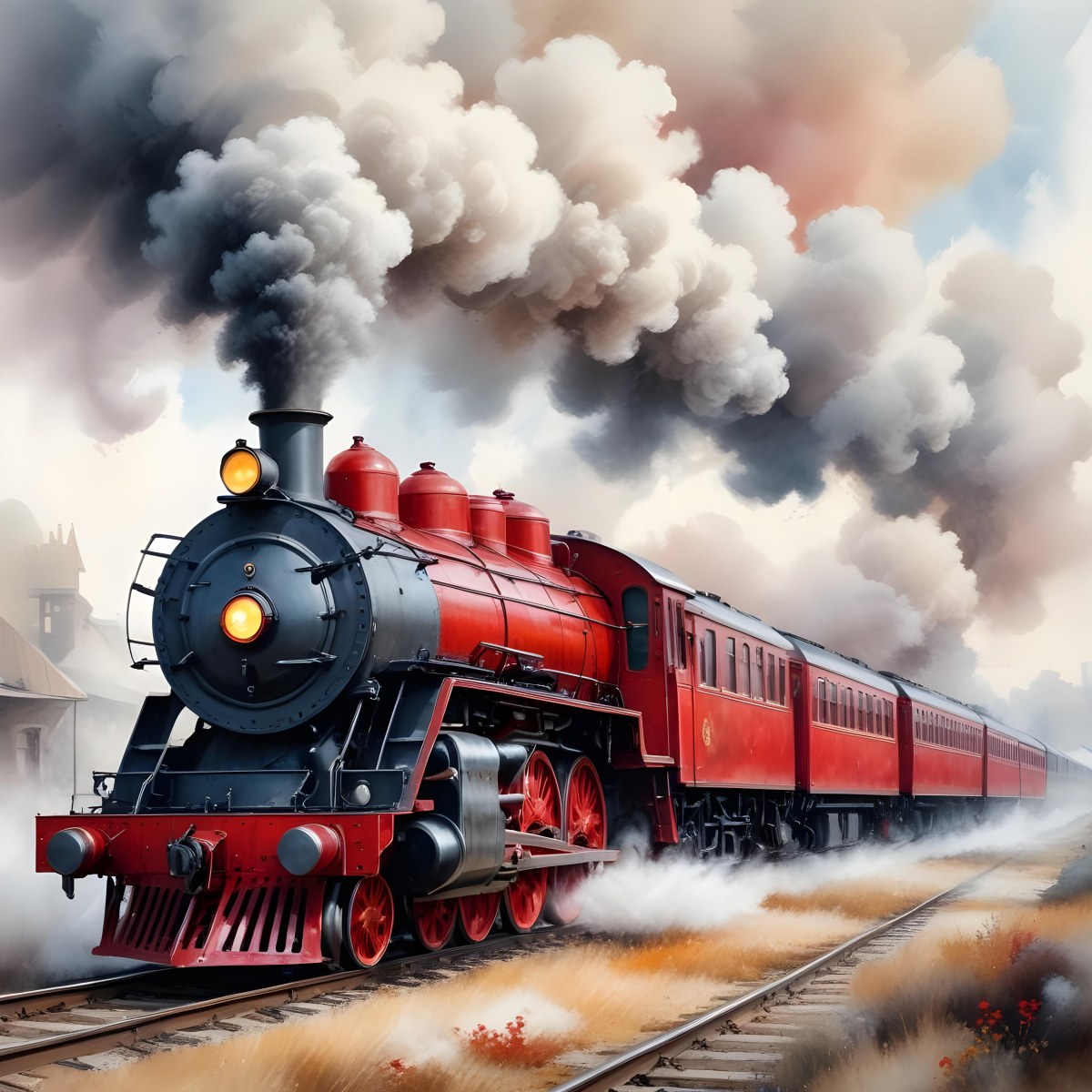Oil Painting A Vintage Steam Train With Red Accents Billowing Smoke And Intricate Details Set Against A White Background With Watercolor Style Splashes Creative Extremely Detailed Brush Stroke 6 0373