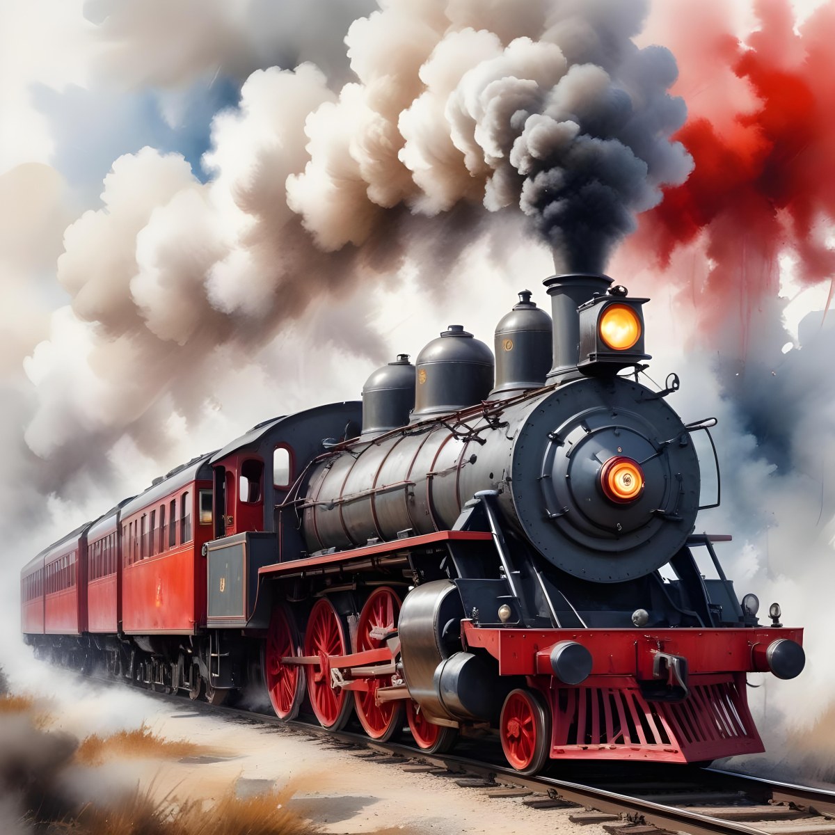 Oil Painting A Vintage Steam Train With Red Accents Billowing Smoke And Intricate Details Set Against A White Background With Watercolor Style Splashes Creative Extremely Detailed Brush Stroke 7 7b5e
