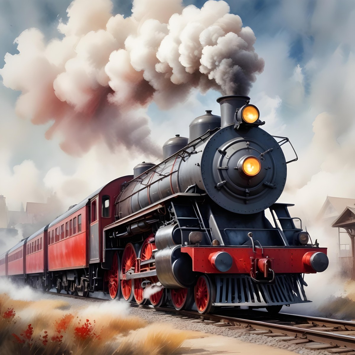 Oil Painting A Vintage Steam Train With Red Accents Billowing Smoke And Intricate Details Set Against A White Background With Watercolor Style Splashes Creative Extremely Detailed Brush Stroke 8 84f9
