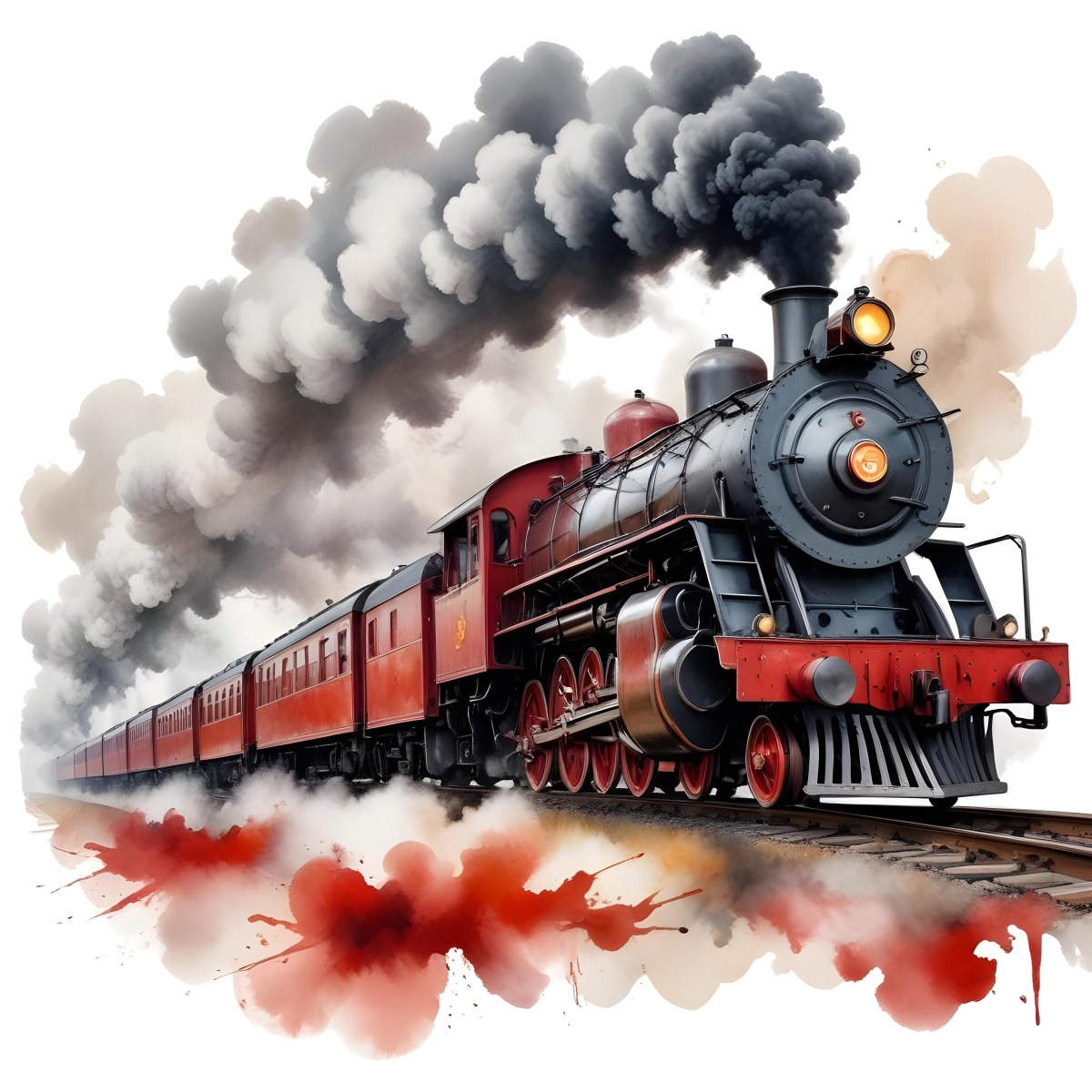 Oil Painting A Vintage Steam Train With Red Accents Billowing Smoke And Intricate Details Set Against A White Background With Watercolor Style Splashes Creative Extremely Detailed Brush Stroke 9 F630