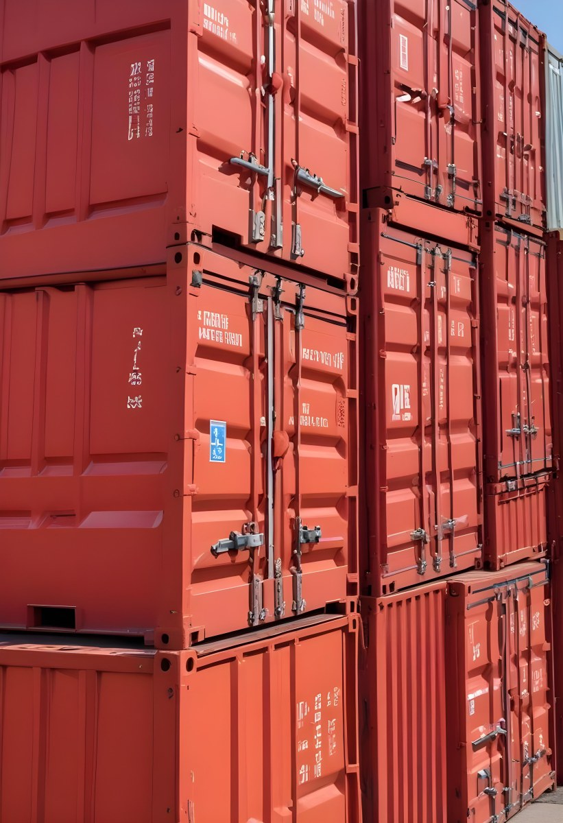 Red Cargo Containers Stacked On Top Of Each Other With A Metal Latch Visible On The Side Of One Of The Containers In A Sunny Environment Against A Background Of A Shipping Yard 5 Ebae