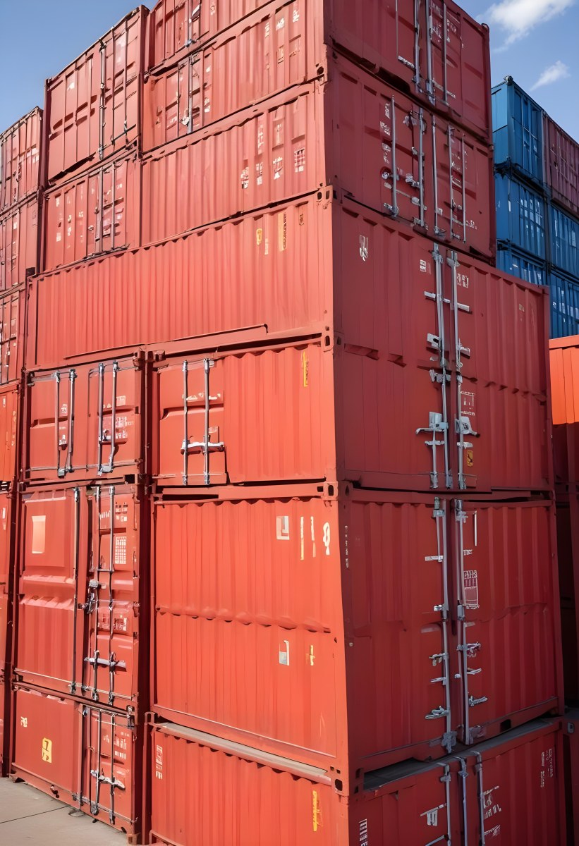 Red Cargo Containers Stacked On Top Of Each Other With A Metal Latch Visible On The Side Of One Of The Containers In A Sunny Environment Against A Background Of A Shipping Yard 7 F61c