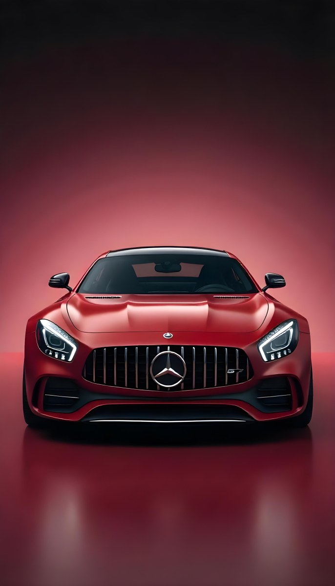 Red Mercedes Gts S Car Front View Sleek Design Prominent Mercedes Logo On The Grill Modern Headlights Against A Gradient Red Background 12 9e87