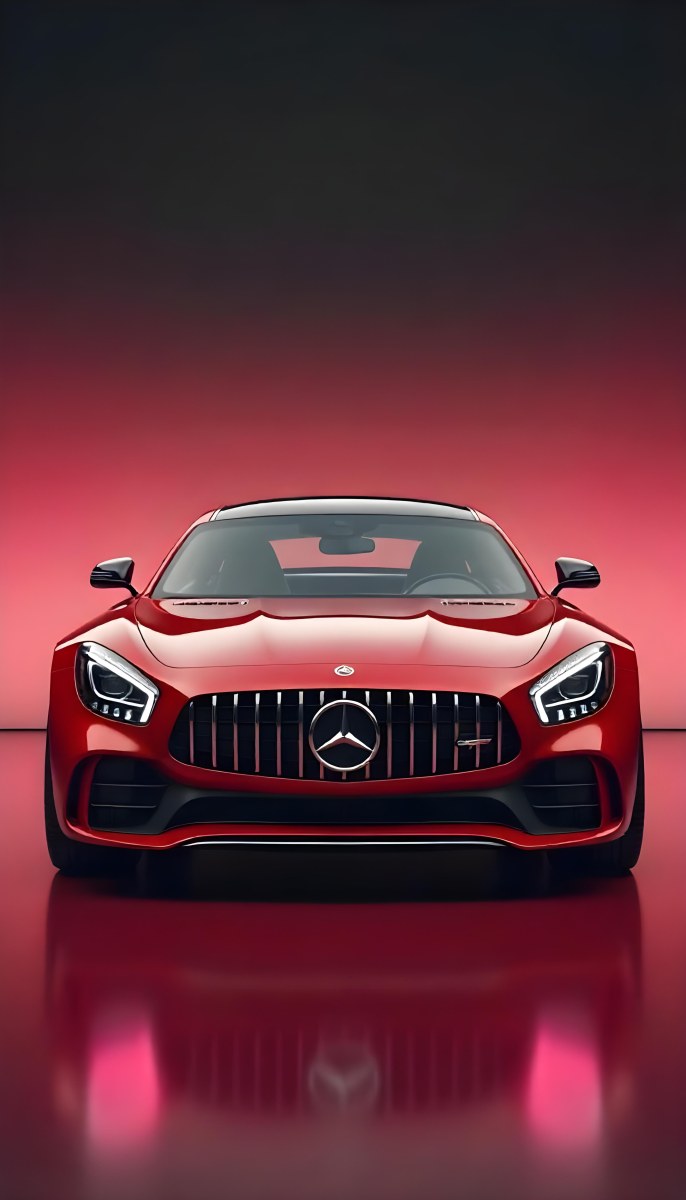 Red Mercedes Gts S Car Front View Sleek Design Prominent Mercedes Logo On The Grill Modern Headlights Against A Gradient Red Background 16 3e9e