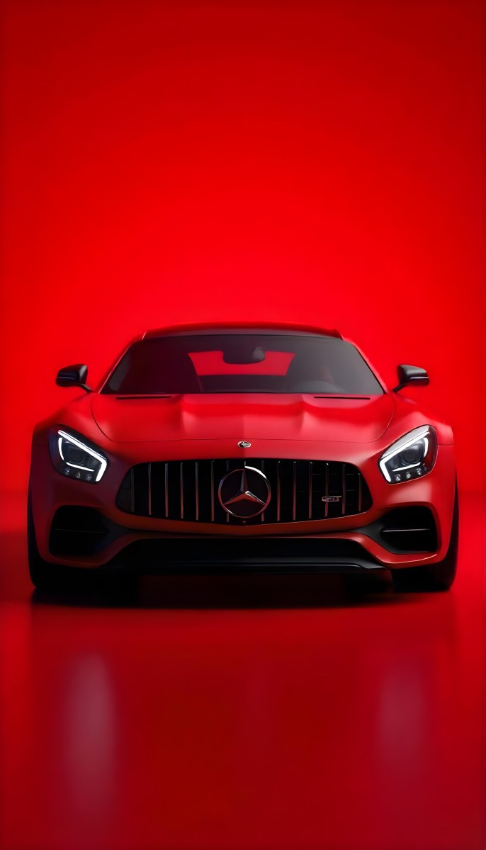 Red Mercedes Gts S Car Front View Sleek Design Prominent Mercedes Logo On The Grill Modern Headlights Against A Gradient Red Background 2 27ee