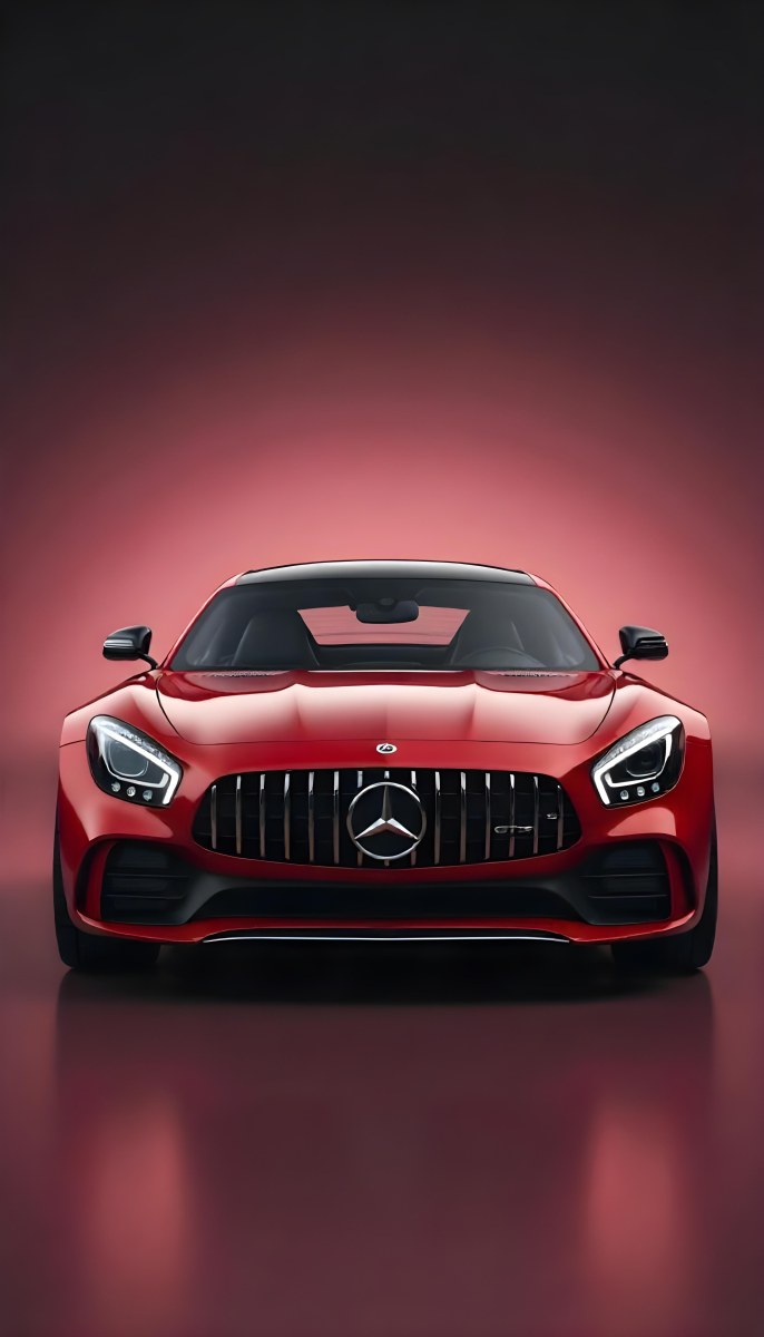 Red Mercedes Gts S Car Front View Sleek Design Prominent Mercedes Logo On The Grill Modern Headlights Against A Gradient Red Background 20 F7c0