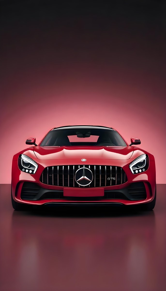 Red Mercedes Gts S Car Front View Sleek Design Prominent Mercedes Logo On The Grill Modern Headlights Against A Gradient Red Background 21 Fc1f
