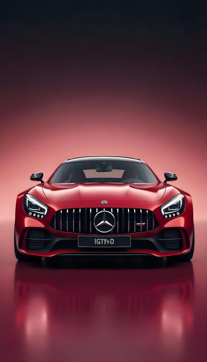 Red Mercedes Gts S Car Front View Sleek Design Prominent Mercedes Logo On The Grill Modern Headlights Against A Gradient Red Background 22 2319
