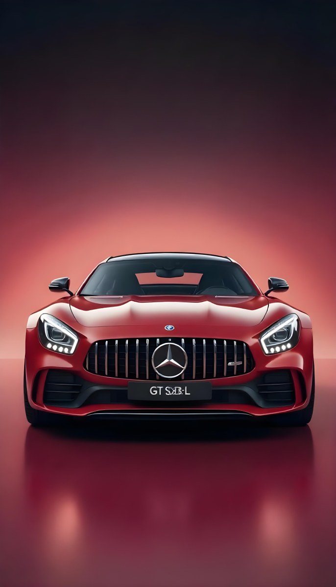 Red Mercedes Gts S Car Front View Sleek Design Prominent Mercedes Logo On The Grill Modern Headlights Against A Gradient Red Background 23 7ad0
