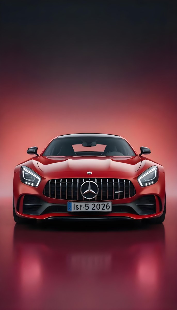 Red Mercedes Gts S Car Front View Sleek Design Prominent Mercedes Logo On The Grill Modern Headlights Against A Gradient Red Background 24 F09a