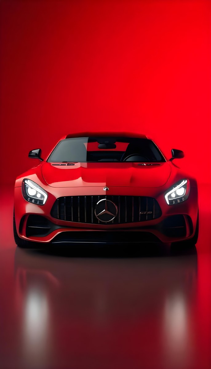 Red Mercedes Gts S Car Front View Sleek Design Prominent Mercedes Logo On The Grill Modern Headlights Against A Gradient Red Background 4 D1c8