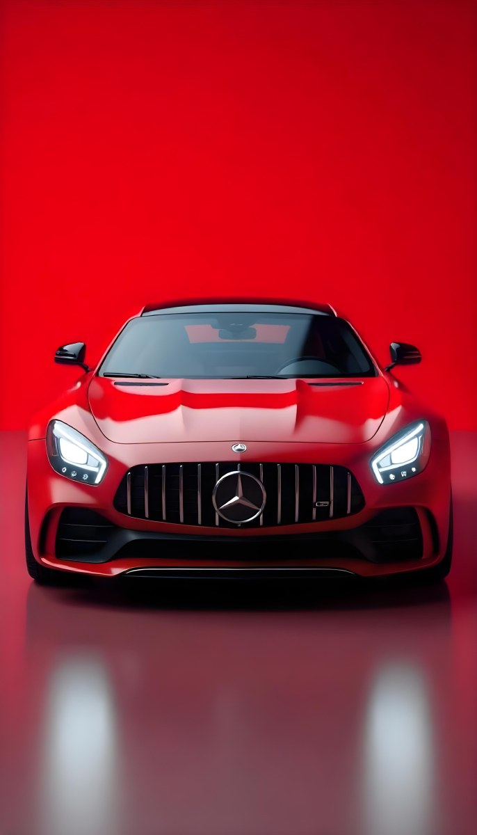 Red Mercedes Gts S Car Front View Sleek Design Prominent Mercedes Logo On The Grill Modern Headlights Against A Gradient Red Background 5 F31f