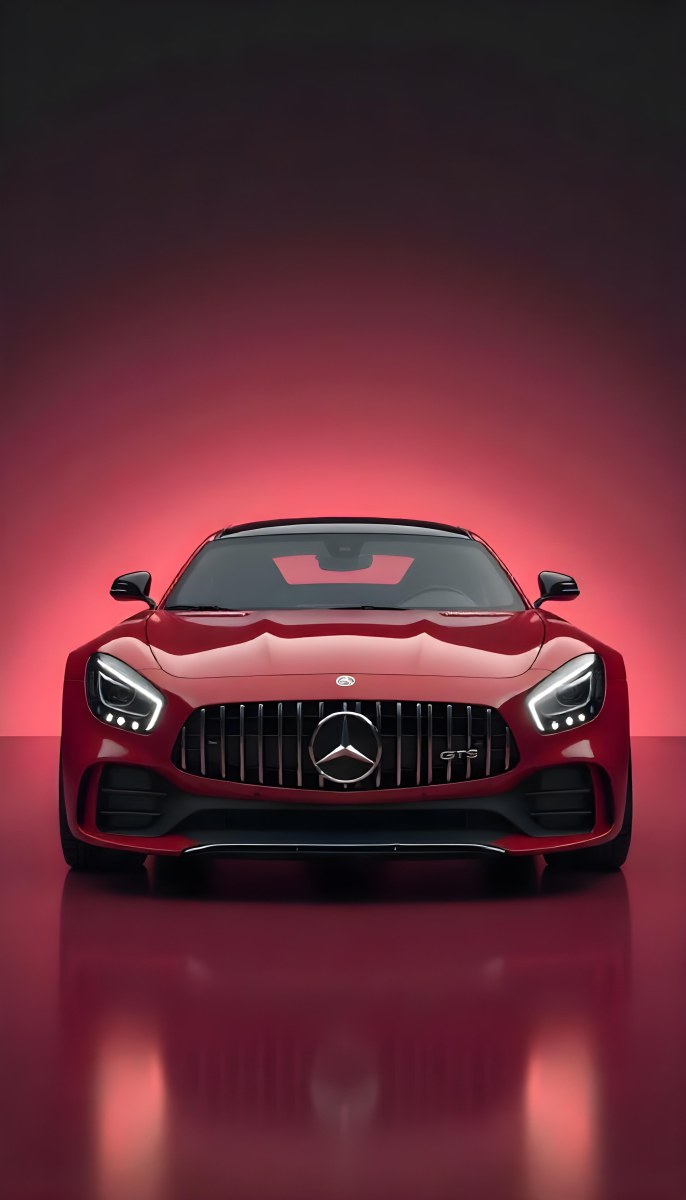 Red Mercedes Gts S Car Front View Sleek Design Prominent Mercedes Logo On The Grill Modern Headlights Against A Gradient Red Background 6 23dd