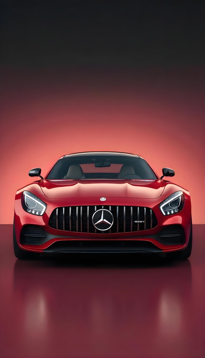 Red Mercedes Gts S Car Front View Sleek Design Prominent Mercedes Logo On The Grill Modern Headlights Against A Gradient Red Background 7 8109