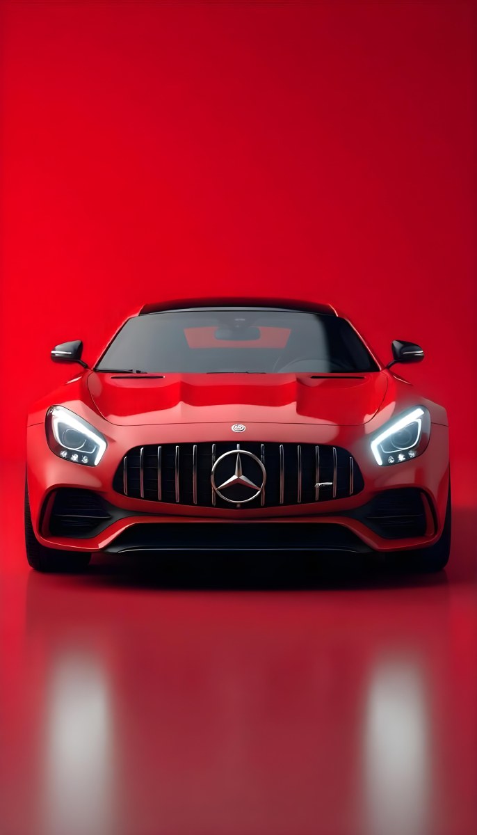 Red Mercedes Gts S Car Front View Sleek Design Prominent Mercedes Logo On The Grill Modern Headlights Against A Gradient Red Background 9 10ab