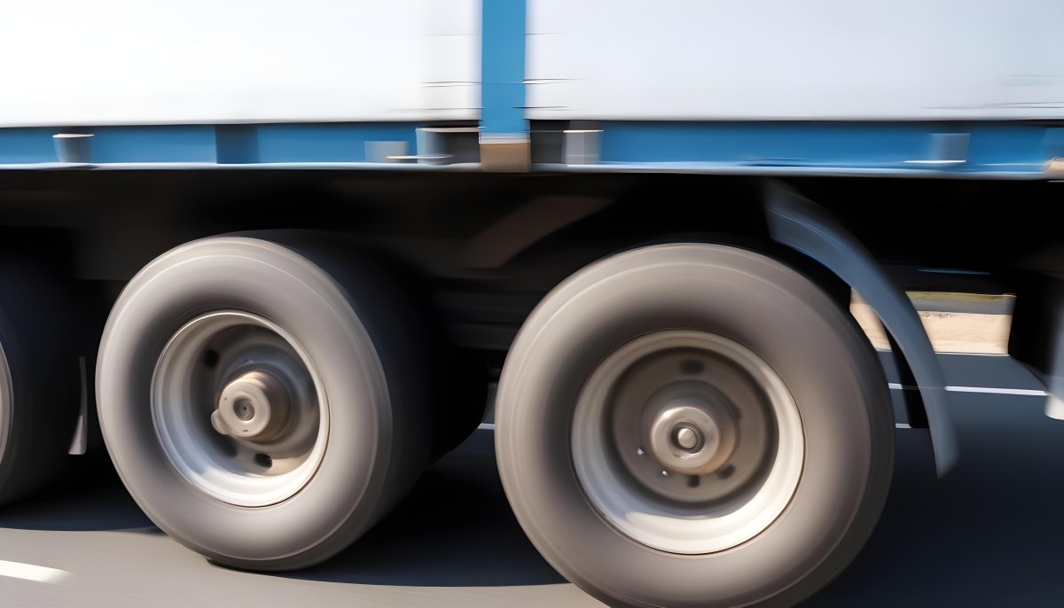 Truck Wheels In Motion Showing The Blur Of Movement With A Blue And White Truck Body Above On A Road 19 B560
