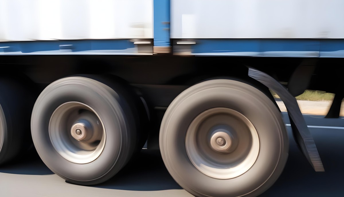 Truck Wheels In Motion Showing The Blur Of Movement With A Blue And White Truck Body Above On A Road 5 De6c