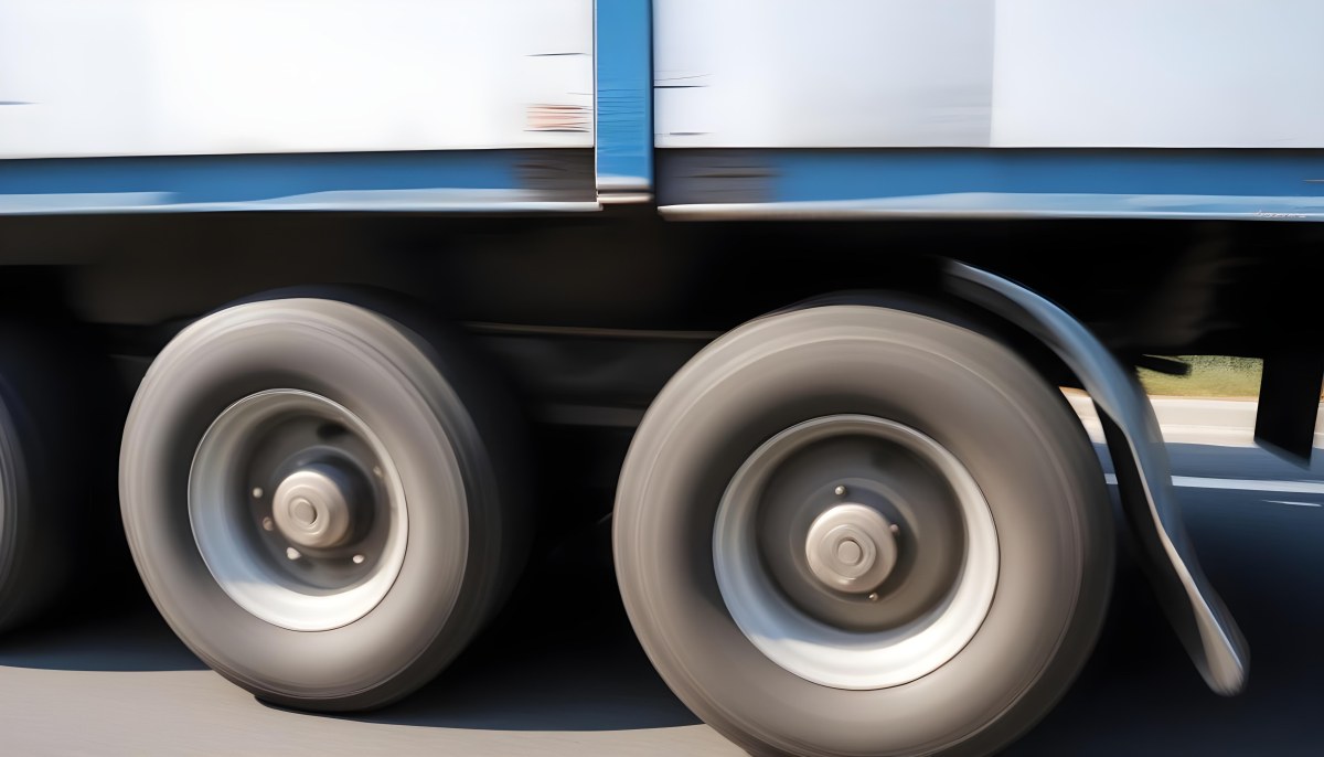 Truck Wheels In Motion Showing The Blur Of Movement With A Blue And White Truck Body Above On A Road 9 8890