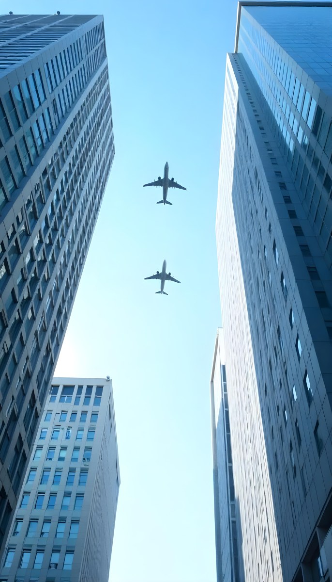 Two Airplanes Flying Between Skyscrapers Low Angle Shot Clear Sky Urban Environment City Landscape Commercial Aviation Modern Architecture Travel Concept 10 Ee2a