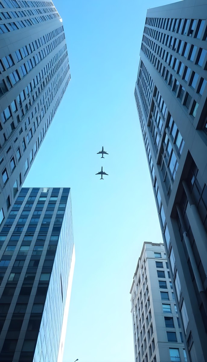 Two Airplanes Flying Between Skyscrapers Low Angle Shot Clear Sky Urban Environment City Landscape Commercial Aviation Modern Architecture Travel Concept 12 3a5c