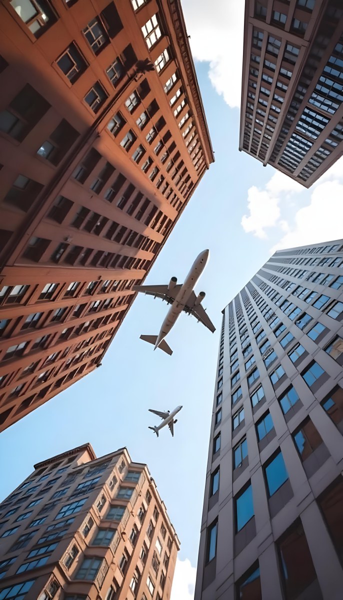 Two Airplanes Flying Between Skyscrapers Low Angle Shot Clear Sky Urban Environment City Landscape Commercial Aviation Modern Architecture Travel Concept 14 Af55
