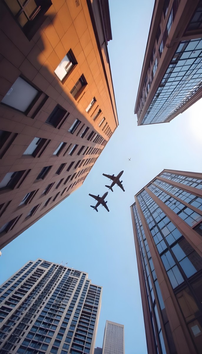 Two Airplanes Flying Between Skyscrapers Low Angle Shot Clear Sky Urban Environment City Landscape Commercial Aviation Modern Architecture Travel Concept 15 Ee45