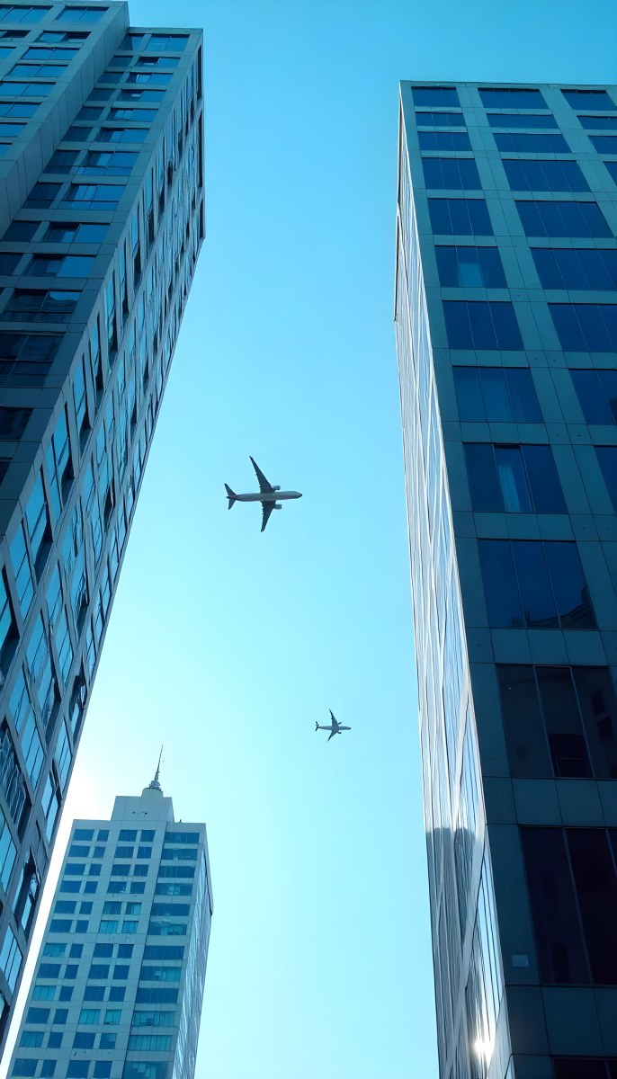 Two Airplanes Flying Between Skyscrapers Low Angle Shot Clear Sky Urban Environment City Landscape Commercial Aviation Modern Architecture Travel Concept 17 2572