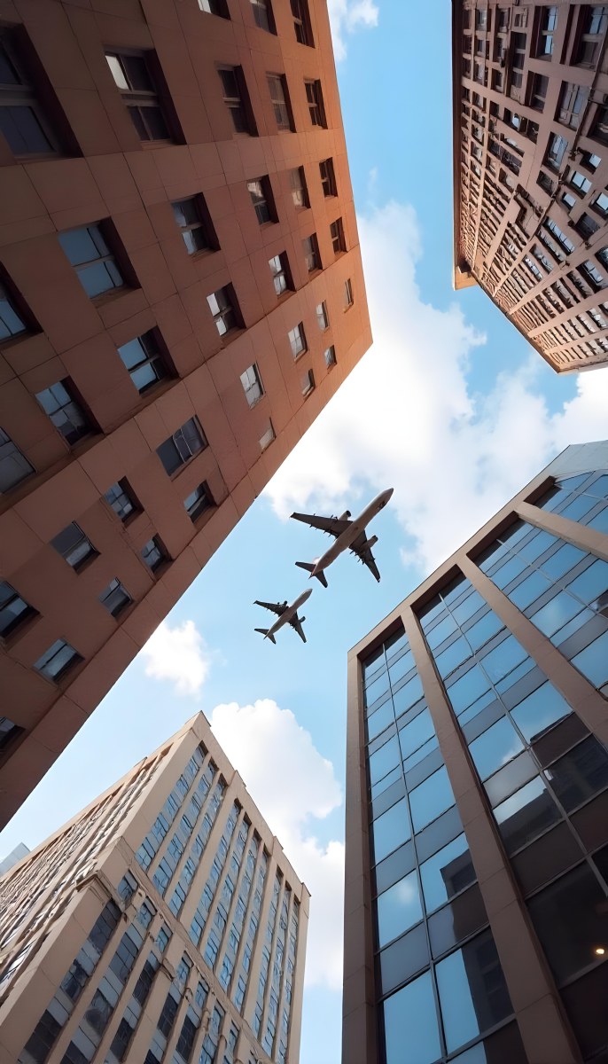 Two Airplanes Flying Between Skyscrapers Low Angle Shot Clear Sky Urban Environment City Landscape Commercial Aviation Modern Architecture Travel Concept 18 Cc23