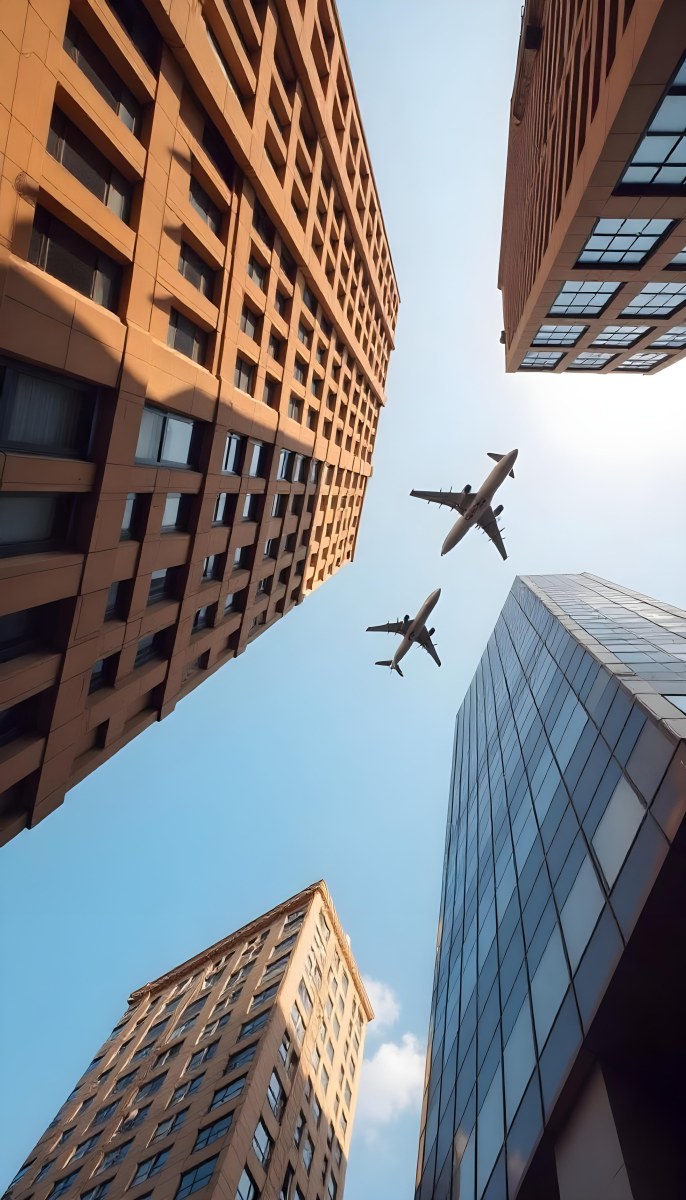 Two Airplanes Flying Between Skyscrapers Low Angle Shot Clear Sky Urban Environment City Landscape Commercial Aviation Modern Architecture Travel Concept 2 5683